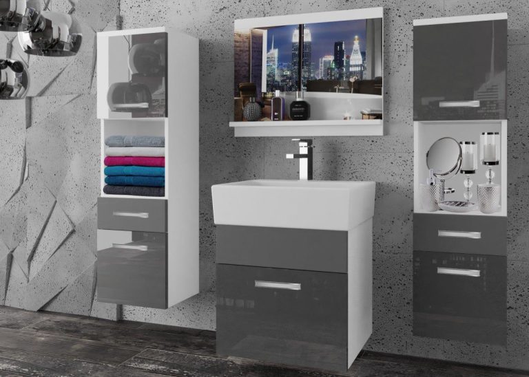 Meble łazienkowe szafki z umywalką z lustrem szare połysk szare antracyt grafitowe Producent