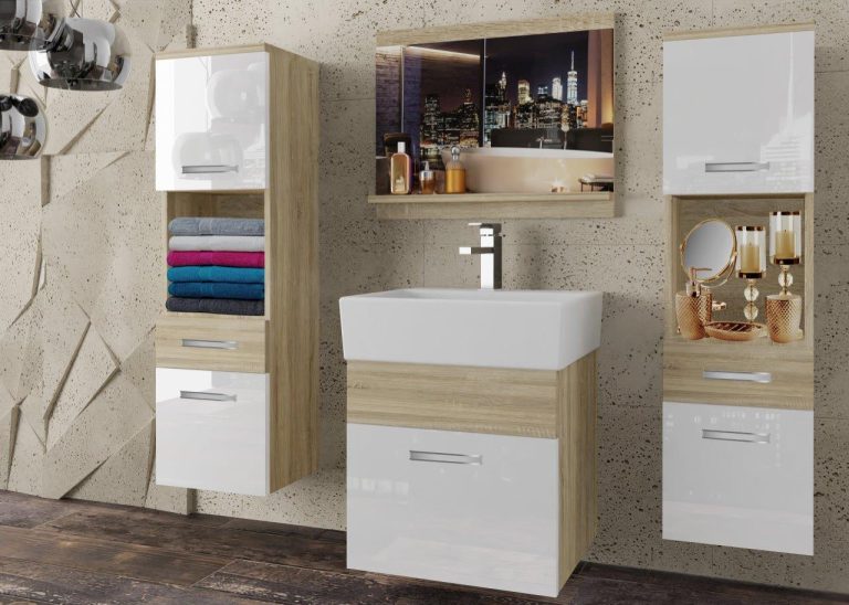 Meble łazienkowe szafki z umywalką z lustrem białe połysk dębowe dąb wotan dąb sonoma Producent