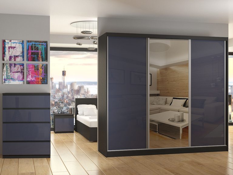 Szafa przesuwna 232 cm z lustrem szary stalowy połysk Producent BM SZP4/2/B/WI/2S1L/HI