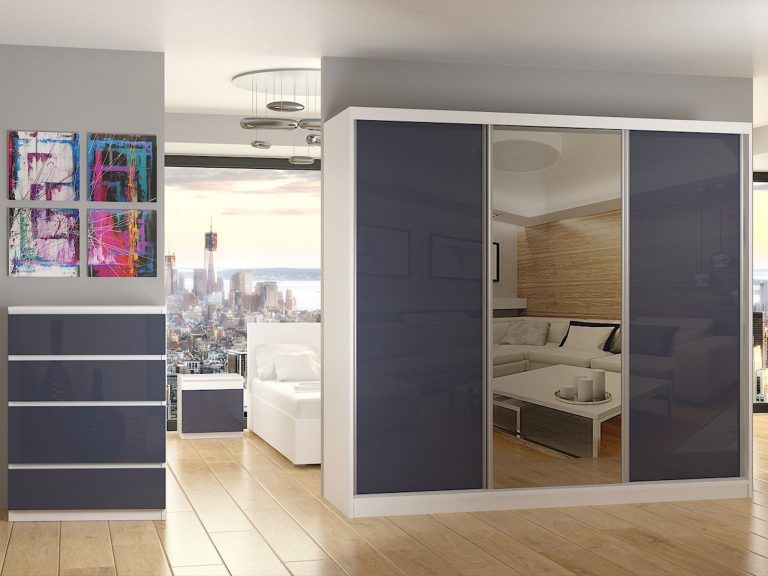 Szafa przesuwna 232 cm z lustrem szary stalowy połysk Producent BM SZP4/2/W/WI/2S1L/HI