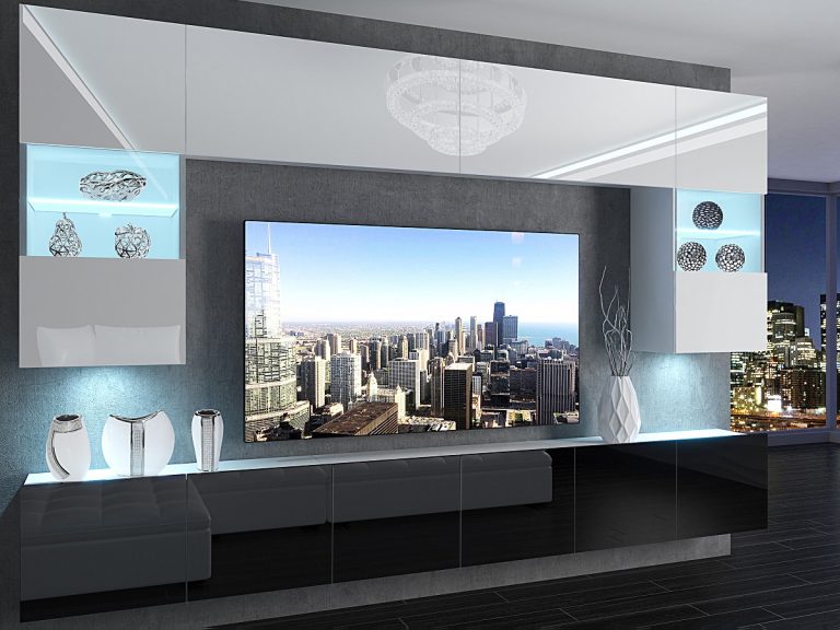 Meblościanka 300 cm TV/RTV biała połysk czarna połysk Producent IMP 1/5/W/WB/0/0