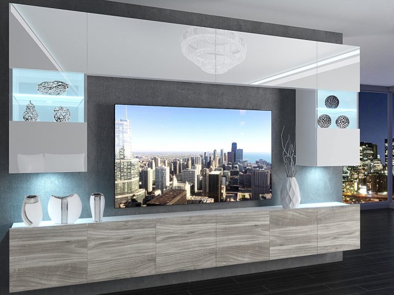 Meblościanka 300 cm TV/RTV biała połysk szary antracyt grafitowy Producent IMP 1/5/W/WGW1/0/0