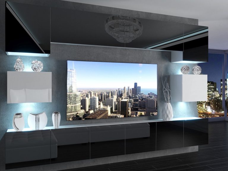 Meblościanka 300 cm TV/RTV czarny połysk biały połysk Producent IMP 3/5/W/BWB/0/0