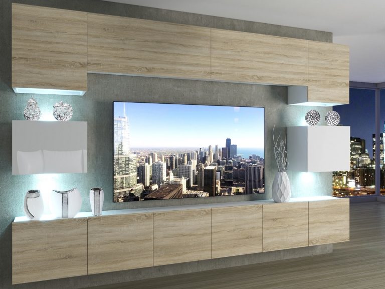 Meblościanka 300 cm TV/RTV dębowa dąb wotan dąb sonoma biała połysk Producent IMP 3/5/W/DSWDS/0/0