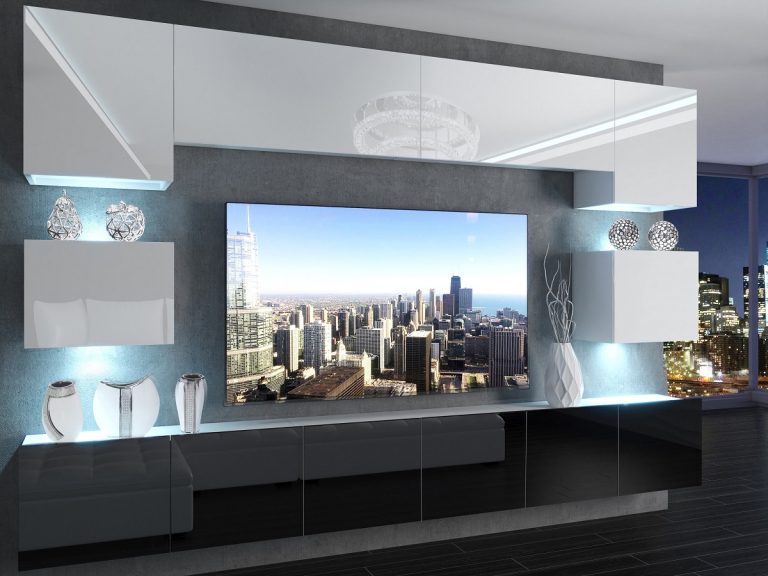 Meblościanka 300 cm TV/RTV biała połysk czarny połysk Producent IMP 3/5/W/WB/0/0