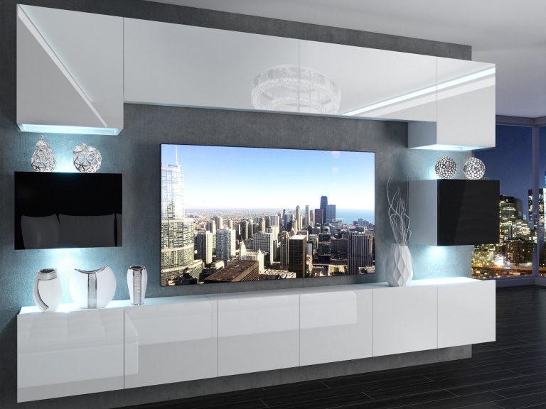 Meblościanka 300 cm TV/RTV biała połysk czarna połysk Producent IMP 3/5/W/WBW/0/0