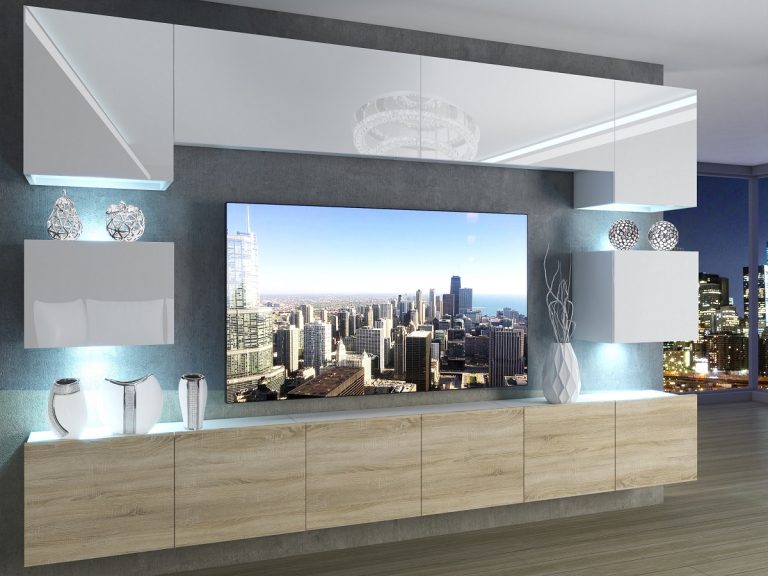 Meblościanka 300 cm TV/RTV biała połysk dębowa dąb wotan dąb sonoma Producent IMP 3/5/W/WDS/0/0