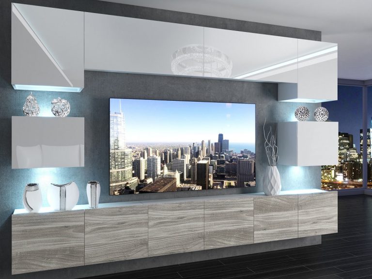 Meblościanka 300 cm TV/RTV biała połysk szary antracyt grafitowy Producent IMP 3/5/W/WGW1/0/0