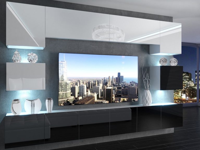 Meblościanka 300 cm TV/RTV biała połysk czarna połysk Producent IMP 3/5/W/WWBB/0/0