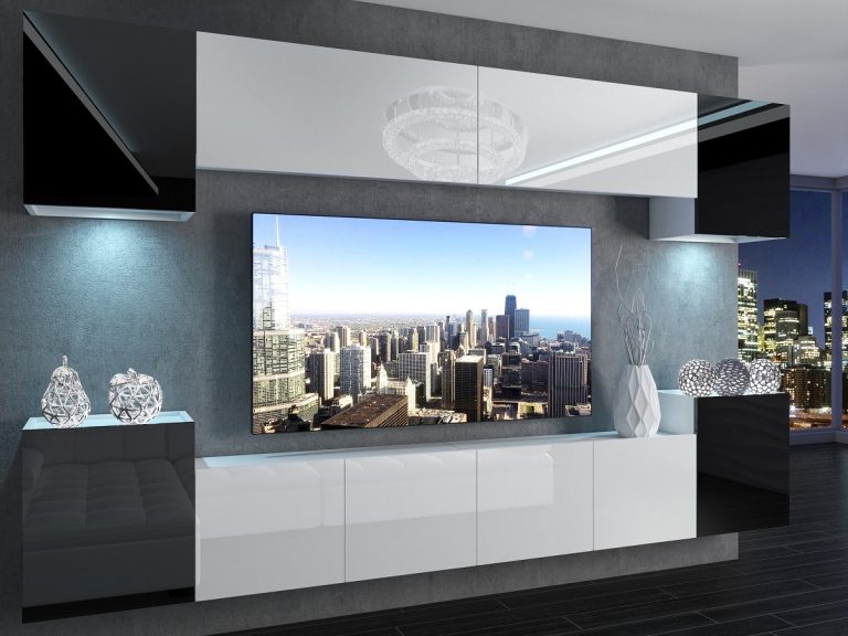 Meblościanka 300 cm TV/RTV czarna połysk biała połysk Producent IMP 4/5/W/BWBW/0/0