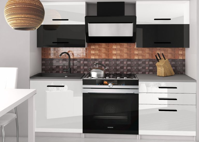 Meble kuchenne 120 cm białe połysk czarne połysk z blatem Producent INF ELEGANTA2/2/WT/WBW/0/B1