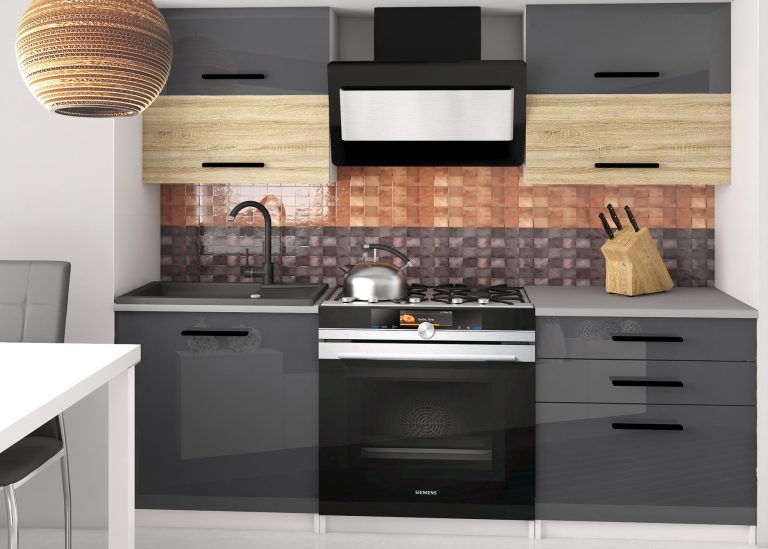 Meble kuchenne 120 cm szare połysk dębowe dąb wotan dąb sonoma z blatem Producent INF ELEGANTA2/2/WT/SDSS/0/B1
