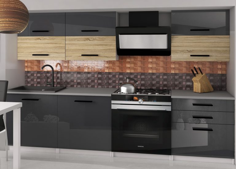 Meble kuchenne 180 cm szare połysk dębowe dąb wotan dąb sonoma z blatem Producent INF PRIMERA2/2/WT/SDSS/0/B1