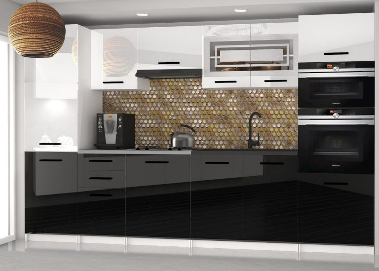 Meble kuchenne 300 cm białe połysk czarne połysk z blatem Producent INF SYNTKA2/5/WT/WB/0/B1