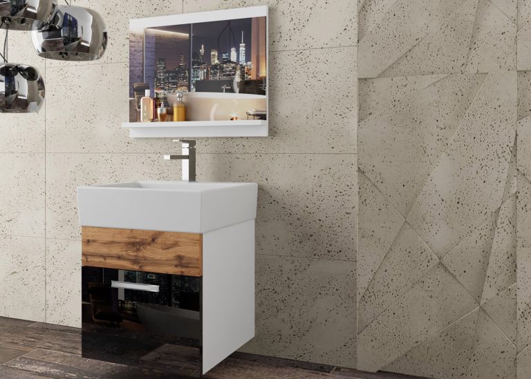 Meble łazienkowe szafki z umywalką z lustrem czarne połysk dębowe dąb wotan dąb sonoma Producent