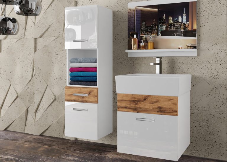 Meble łazienkowe szafki z umywalką z lustrem białe połysk dębowe dąb wotan dąb sonoma Producent