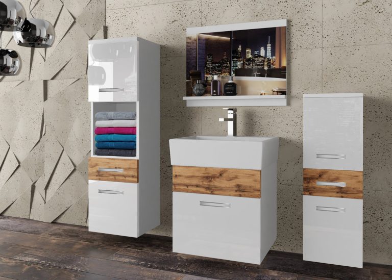 Meble łazienkowe szafki z umywalką z lustrem białe połysk dębowe dąb wotan dąb sonoma Producent