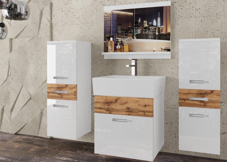 Meble łazienkowe szafki z umywalką z lustrem białe połysk dębowe dąb wotan dąb sonoma Producent