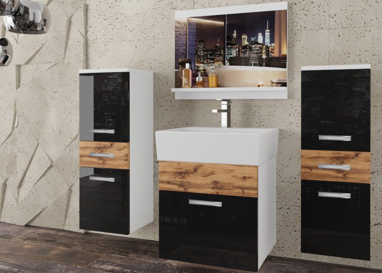 Meble łazienkowe szafki z umywalką z lustrem czarne połysk dębowe dąb wotan dąb sonoma Producent