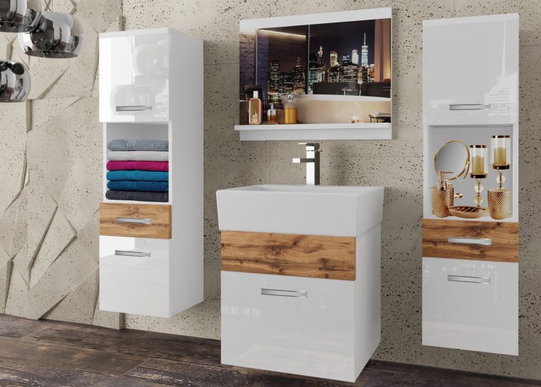 Meble łazienkowe szafki z umywalką z lustrem białe połysk dębowe dąb wotan dąb sonoma Producent