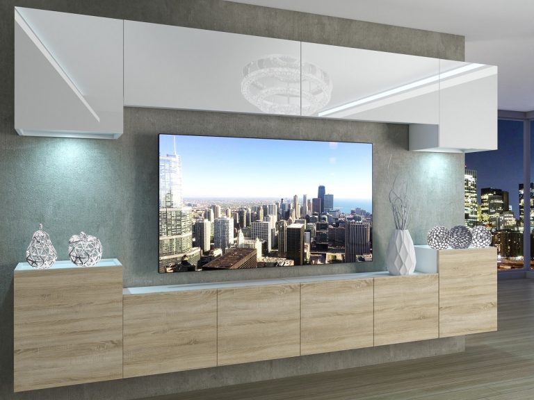 Meblościanka 300 cm TV/RTV biała połysk dębowa dąb wotan dąb sonoma Producent IMP 4/5/W/WDS/0/0