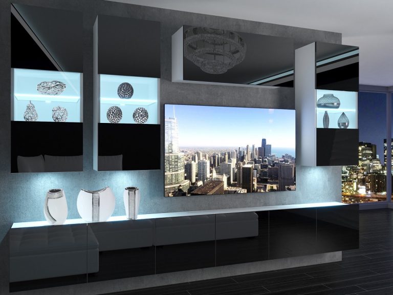 Meblościanka 300 cm TV/RTV czarna połysk Producent IMP 5/5/W/B/0/0