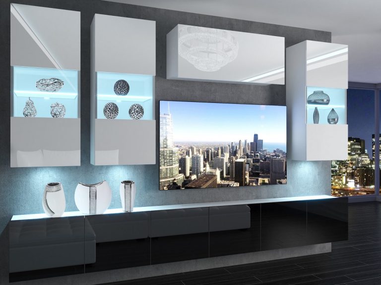 Meblościanka 300 cm TV/RTV czarna połysk biała połysk Producent IMP 5/5/W/WB/0/0