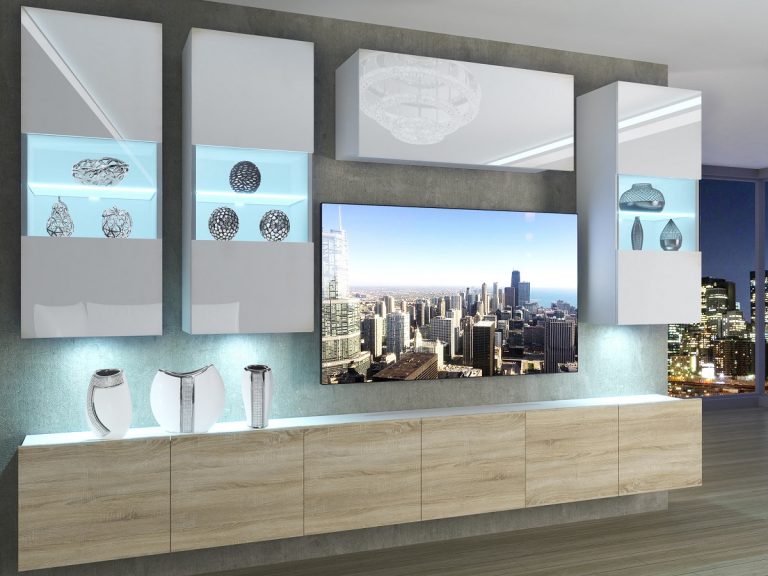 Meblościanka 300 cm TV/RTV biała połysk dębowa dąb wotan dąb sonoma Producent IMP 5/5/W/WDS/0/0