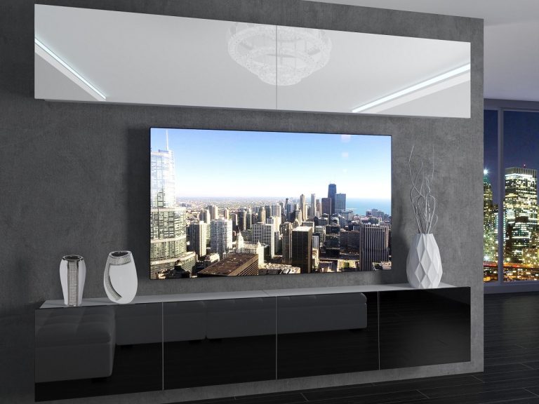 Meblościanka 200 cm TV/RTV biała połysk czarna połysk Producent IMP 6/5/W/WB/0/0