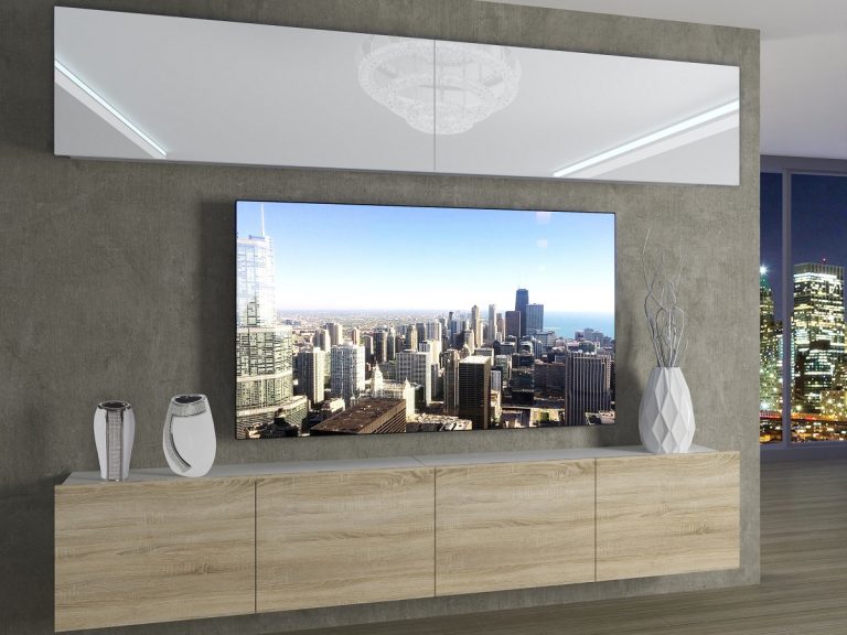 Meblościanka 200 cm TV/RTV biała połysk dębowa dąb wotan dąb sonoma Producent IMP 6/5/W/WDS/0/0