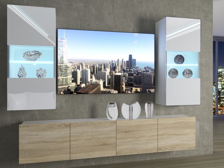 Meblościanka 200 cm TV/RTV biała połysk dębowa dąb wotan dąb sonoma Producent IMP 7/5/W/WDS/0/0