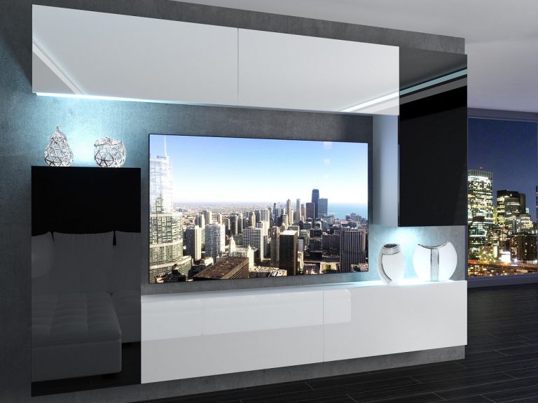 Meblościanka 250 cm TV/RTV biała połysk czarna połysk Producent IMP 8/5/W/WBBW/0/0