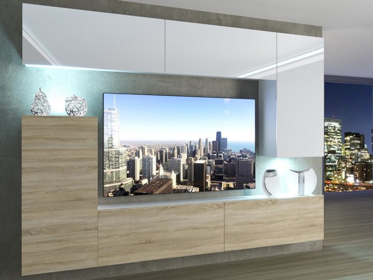 Meblościanka 250 cm TV/RTV biała połysk dębowa dąb wotan dąb sonoma Producent IMP 8/5/W/WDS/0/0