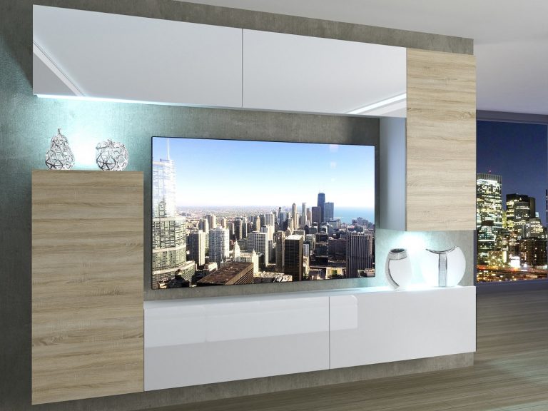 Meblościanka 250 cm TV/RTV biała połysk dębowa dąb wotan dąb sonoma Producent IMP 8/5/W/WDSDSW/0/0