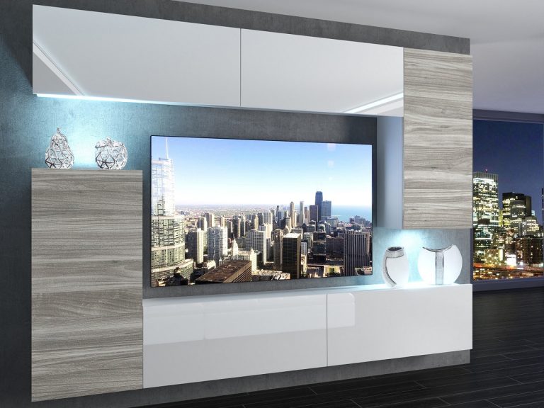 Meblościanka 250 cm TV/RTV biała połysk szara antracyt grafitowa Producent IMP 8/5/W/WGW1GW1W/0/0