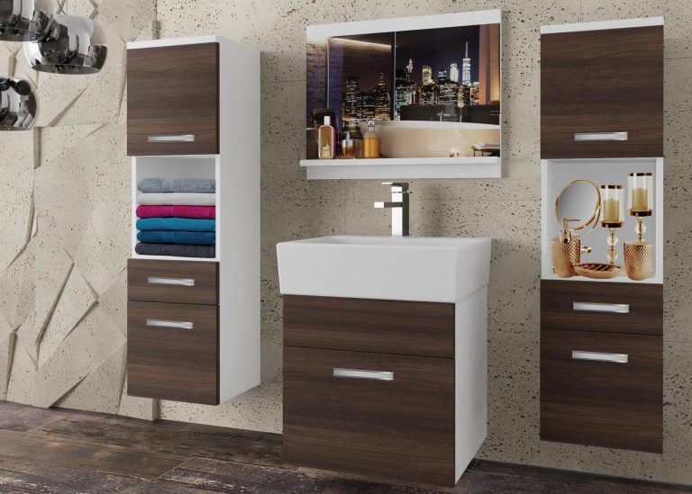 Meble łazienkowe szafki z umywalką z lustrem brązowe heban kasztanowe Producent