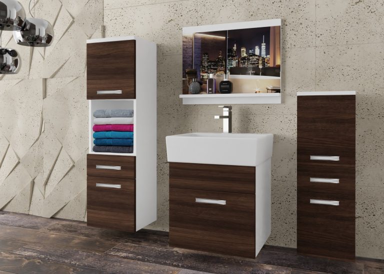 Meble łazienkowe szafki z umywalką z lustrem brązowe heban kasztanowe Producent