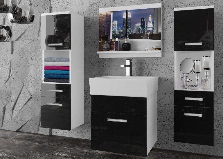 Meble łazienkowe szafki z umywalką z lustrem czarne połysk Producent