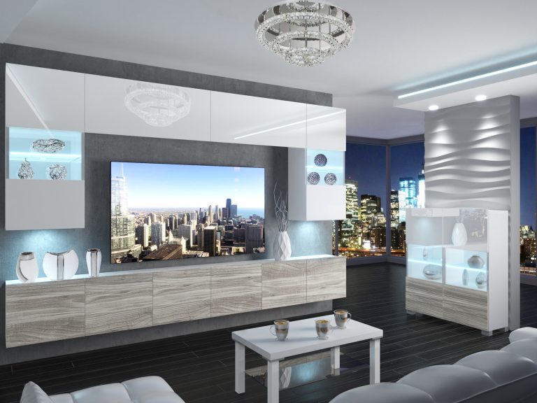 Meblościanka 300 cm TV/RTV biała połysk szary antracyt grafitowy Producent IMP 1/5/W/WGW1/0/0