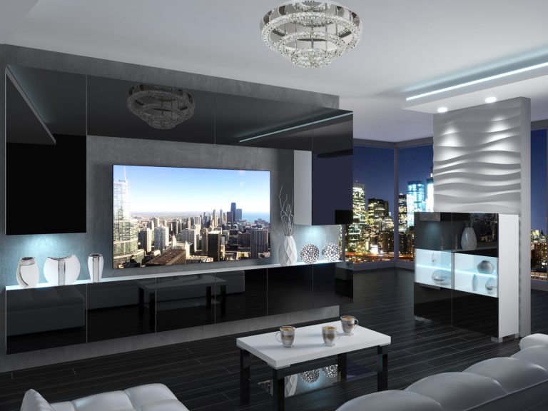 Meblościanka 300 cm TV/RTV czarna połysk Producent IMP 2/5/W/B/0/0