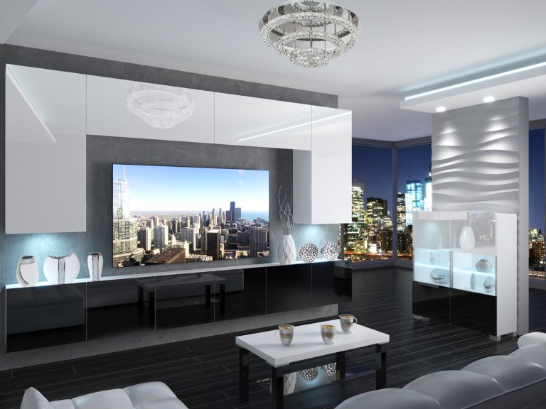 Meblościanka 300 cm TV/RTV biała połysk czarna połysk Producent IMP 2/5/W/WB/0/0