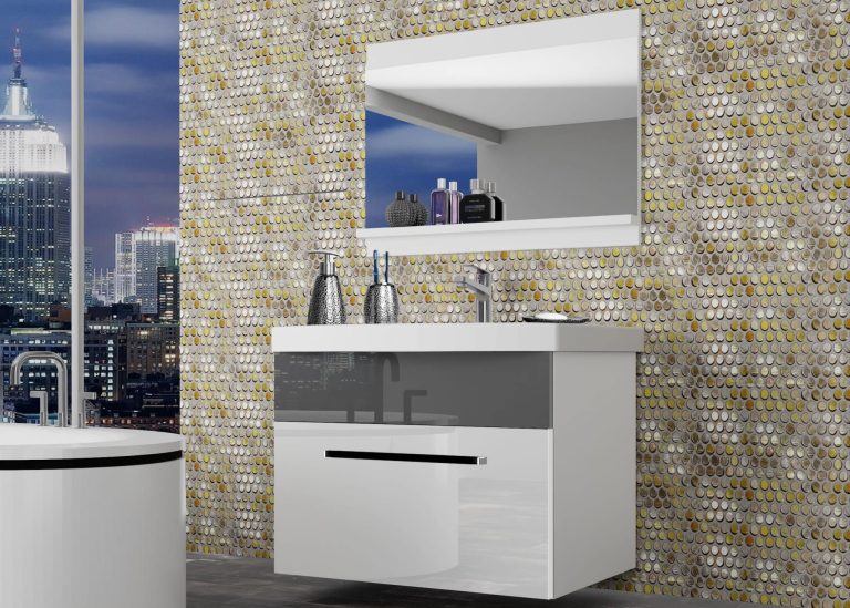 Meble łazienkowe szafki z umywalką z lustrem białe połysk szare połysk Producent ROD P 1/0/W/WS/0/ZW