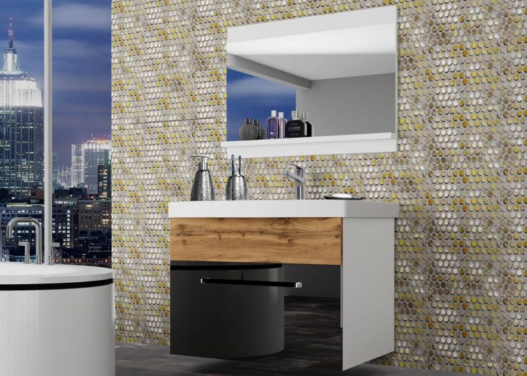 Meble łazienkowe szafki z umywalką z lustrem czarne połysk dębowe dąb wotan dąb sonoma Producent ROD PM 1/0/W/BDW/0/ZW