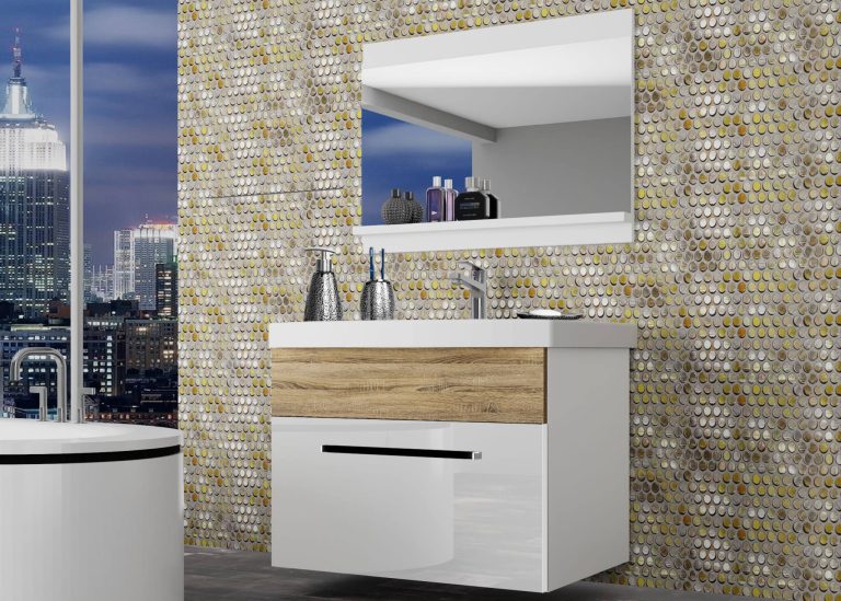 Meble łazienkowe szafki z umywalką z lustrem białe połysk dębowe dąb wotan dąb sonoma Producent ROD PM 1/0/W/WDS/0/ZW