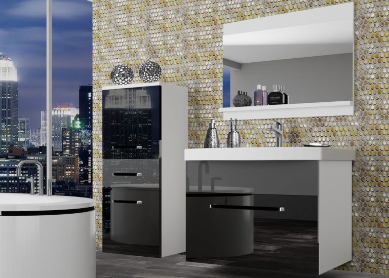 Meble łazienkowe szafki z umywalką z lustrem czarne połysk szare połysk Producent ROD P 2/0/W/BS/0/ZW