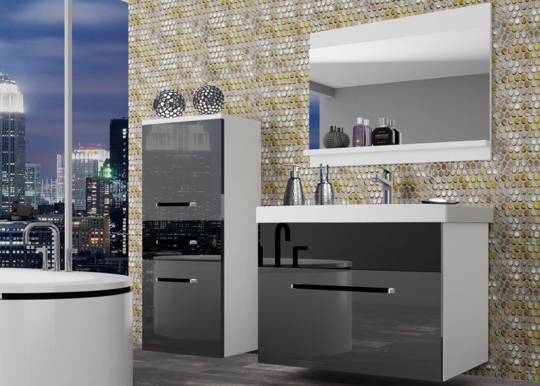 Meble łazienkowe szafki z umywalką z lustrem szare połysk czarne połysk Producent ROD P 2/0/W/SB/0/ZW