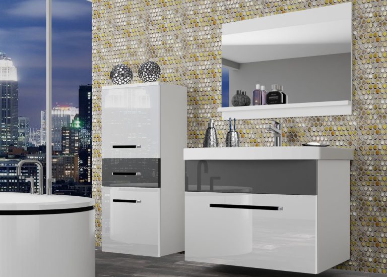 Meble łazienkowe szafki z umywalką z lustrem białe połysk szare połysk Producent ROD P 2/0/W/WS/0/ZW