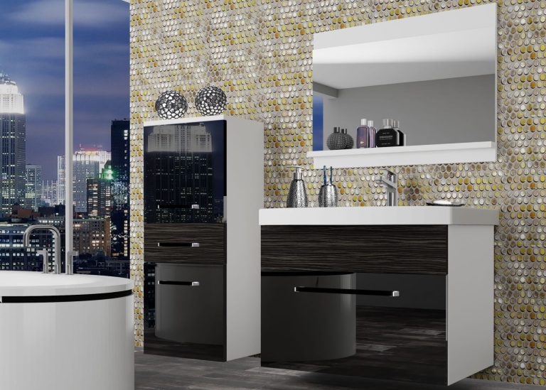 Meble łazienkowe szafki z umywalką z lustrem czarne połysk czarne heban ciemne Producent ROD PM 2/0/W/BHK/0/ZW