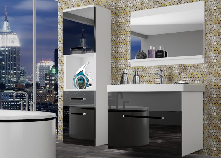 Meble łazienkowe szafki z umywalką z lustrem czarne połysk szare połysk Producent ROD P 3/0/W/BS/0/ZW