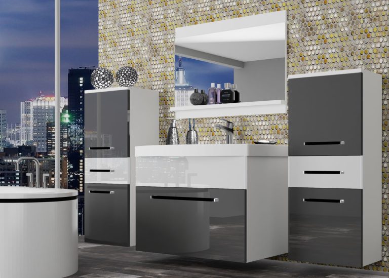 Meble łazienkowe szafki z umywalką z lustrem szare połysk białe połysk Producent ROD P 4/0/W/SW/0/ZW